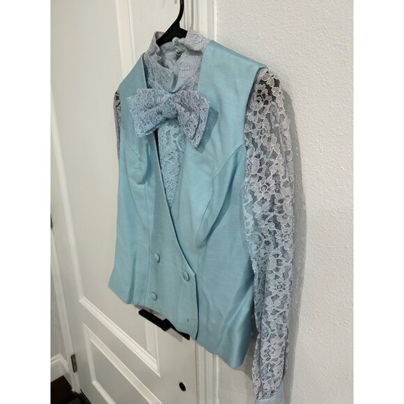 Vintage Jr. Theme Powder Blue Lace Sleeve Suit Bow Size 11 Retro Style Set - Picture 7 of 15